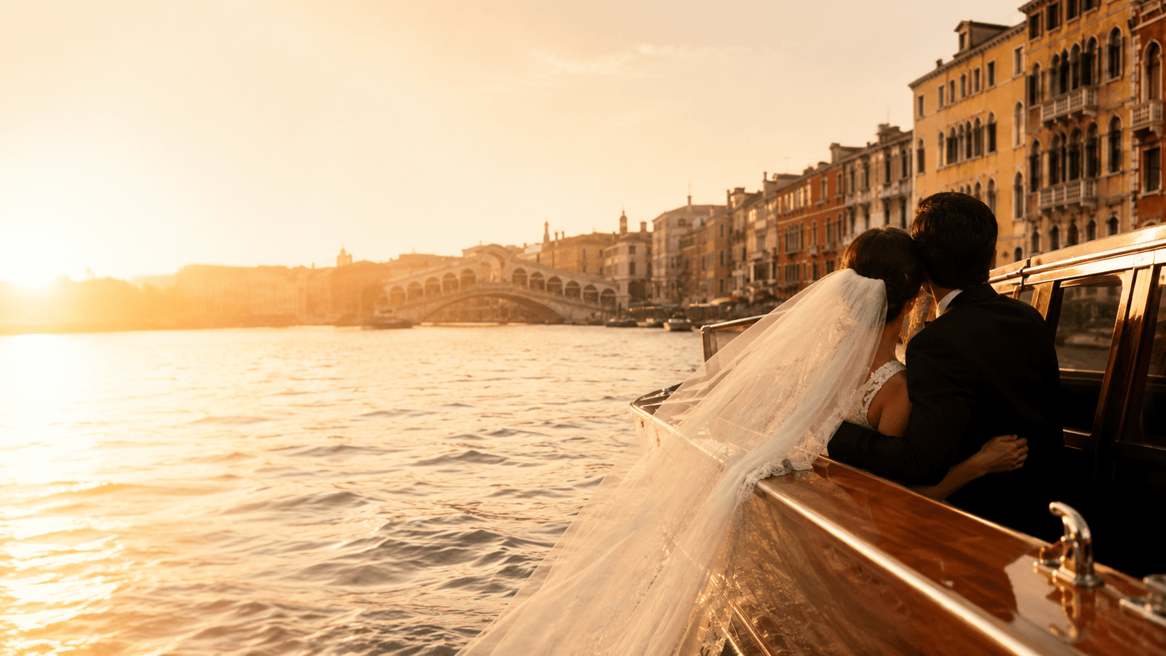 Newlyweds seen from behind on a wooden boat at sunset in Venice
