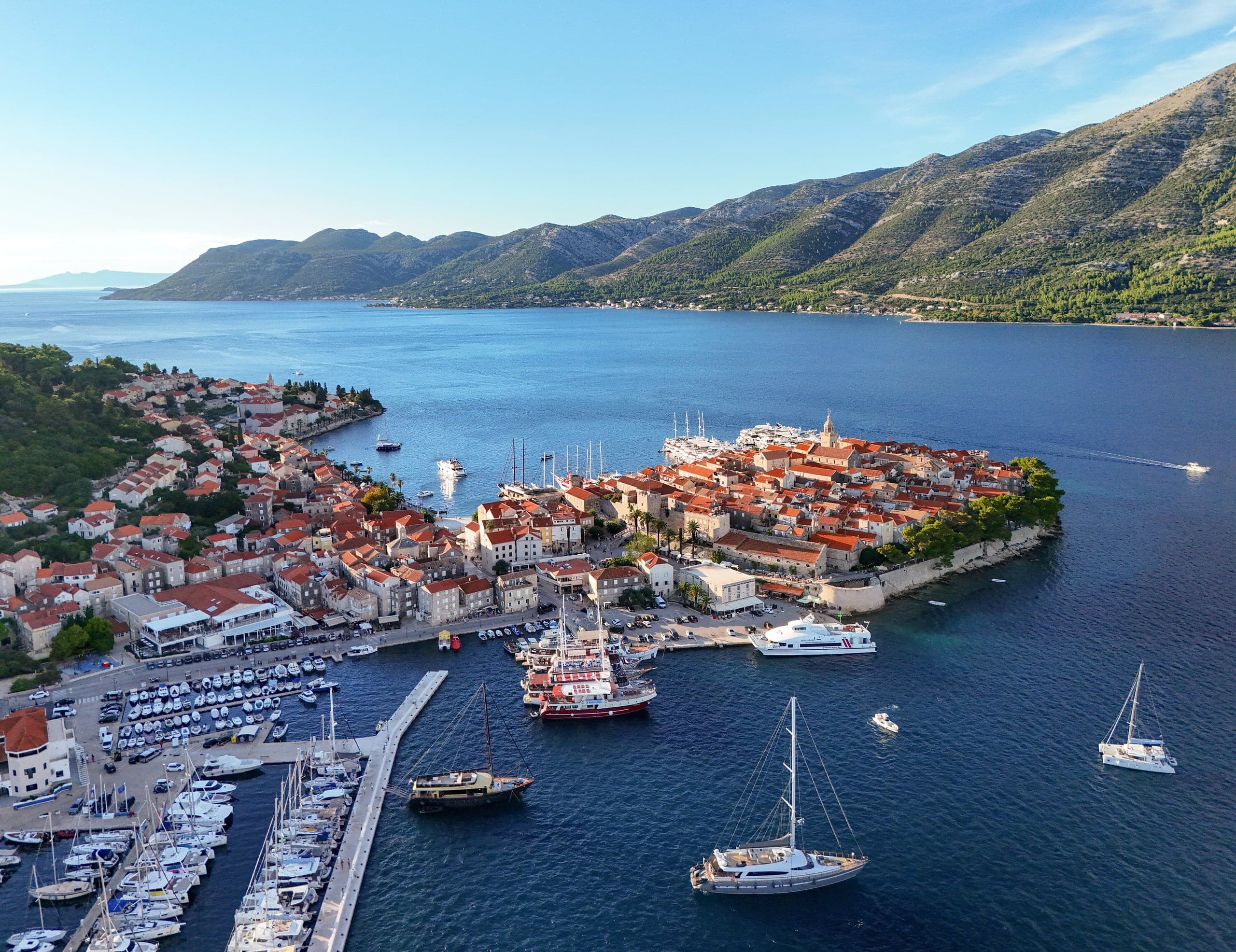 Korcula Old Town rising from the blue Adriatic Sea