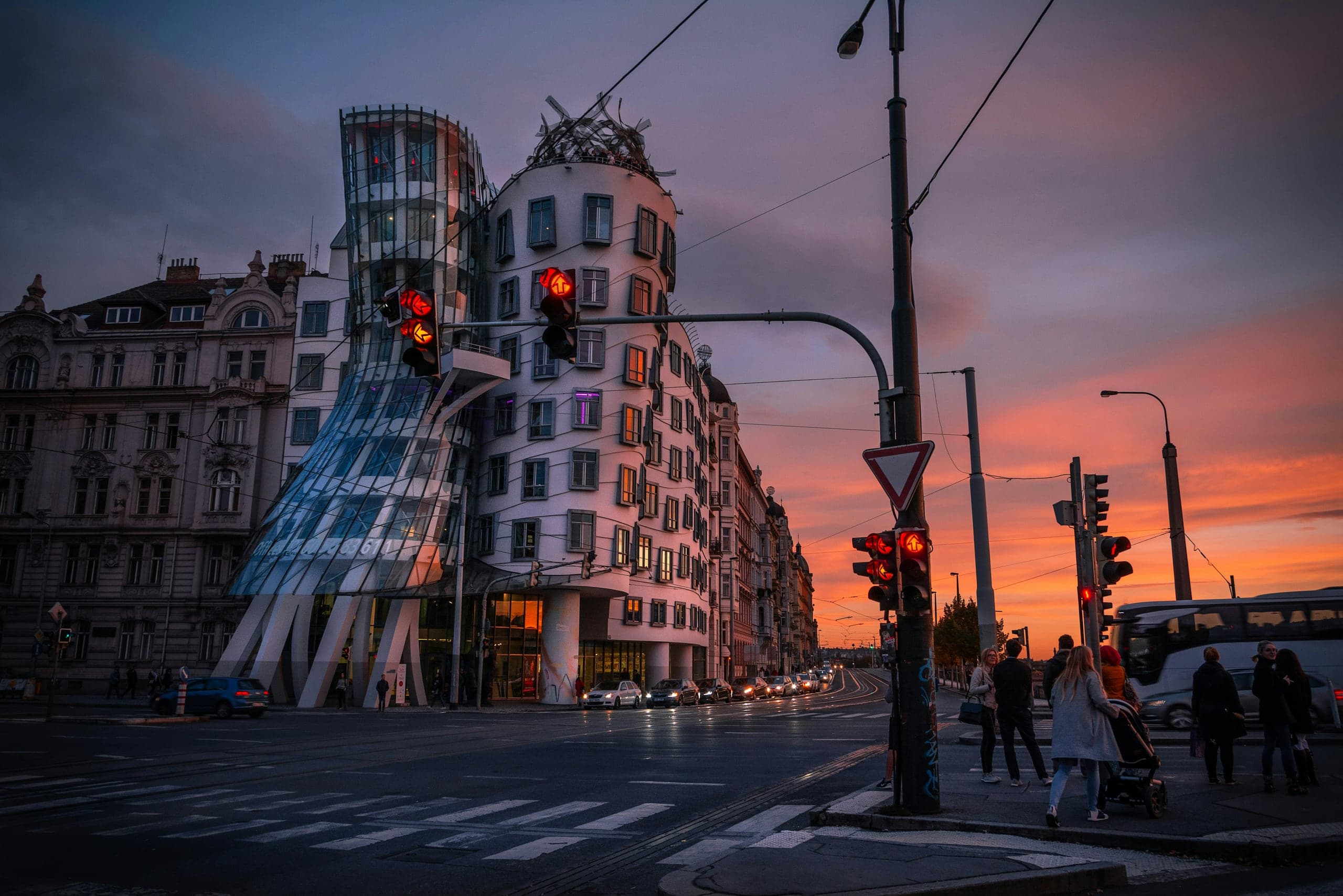 The Dancing House on Prague's riverfront at twilight